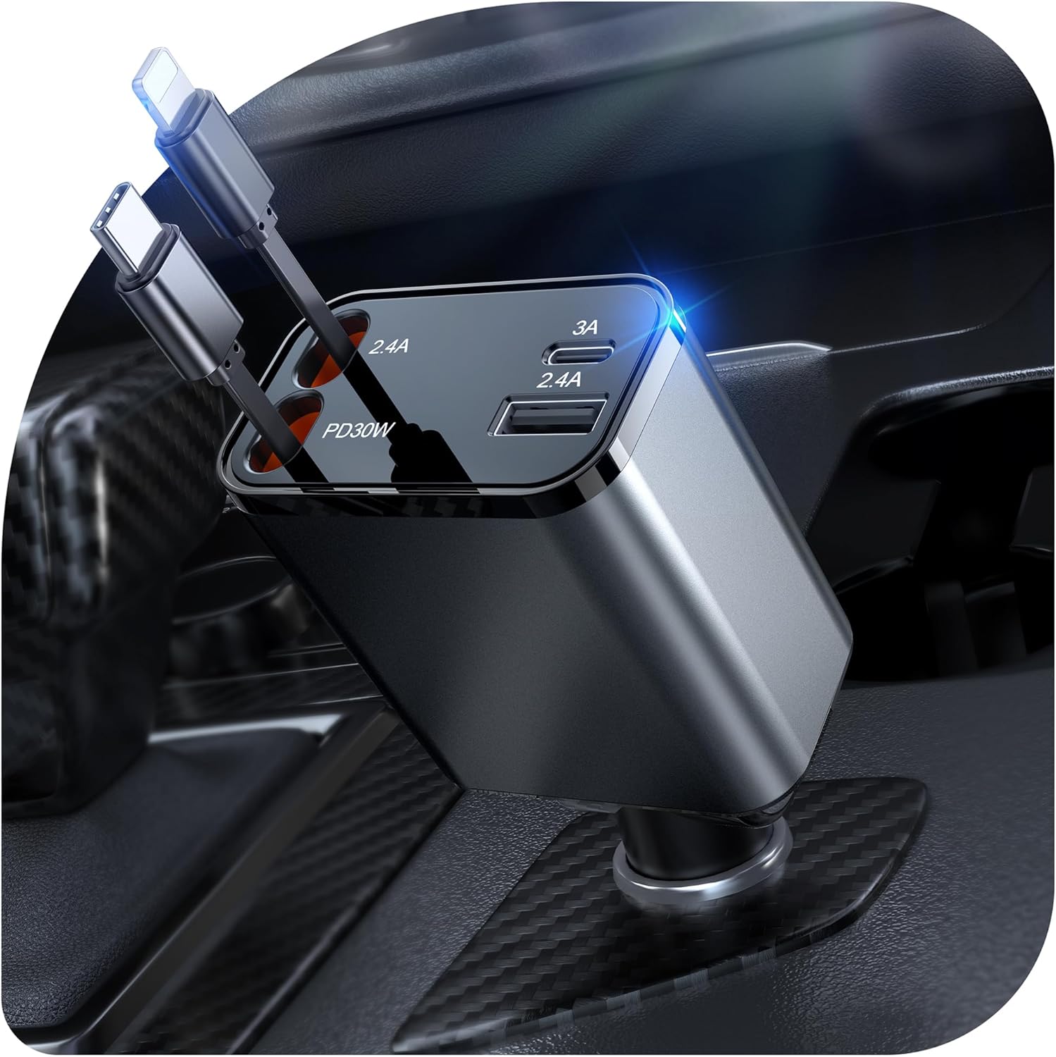 Ausziehbares Kfz-Ladegerät, 60 W, 4-in-1-Schnellladegerät mit 2 einziehbaren Kabeln und USB C + USB A, Auto-Ladeblockwürfel, kompatibel mit iPhone 16, 15, 14, 13, 12 Pro Max Plus, Galaxy, Pixel